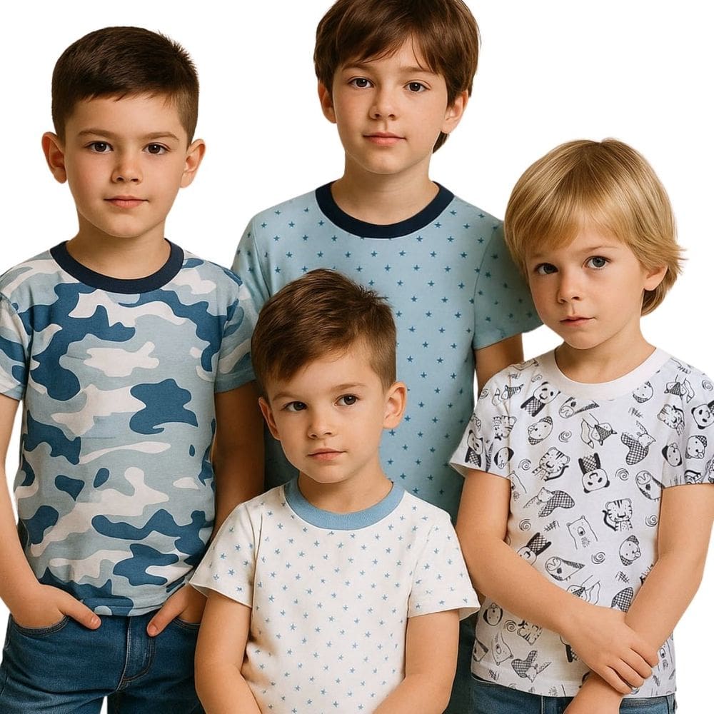 Camiseta Infantil Manga Curta Basica 100% Algodao Estampas diversas Kit 4 Peças Baby Deluxe