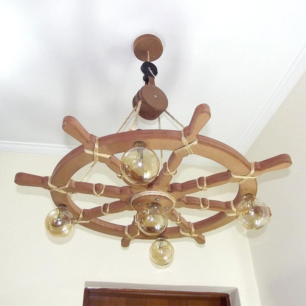 Lustre Luminária Pendente 85Cm Leme De Navio Rústico 5B