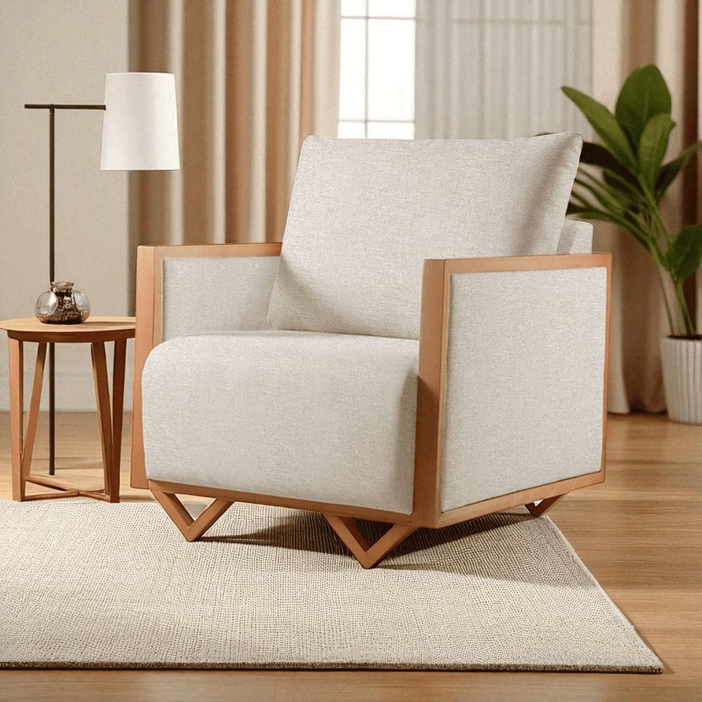 Poltrona para Sala de Estar Madeira Maciça Lara Luxo Bege Claro