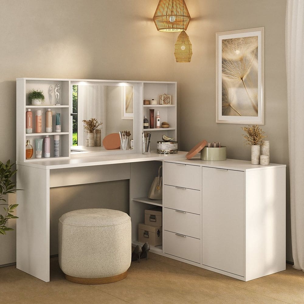 Penteadeira Escrivaninha Versátil em L com Espelho Led 4 Gavetas 1 Porta 8 Nichos Foscarini Branco