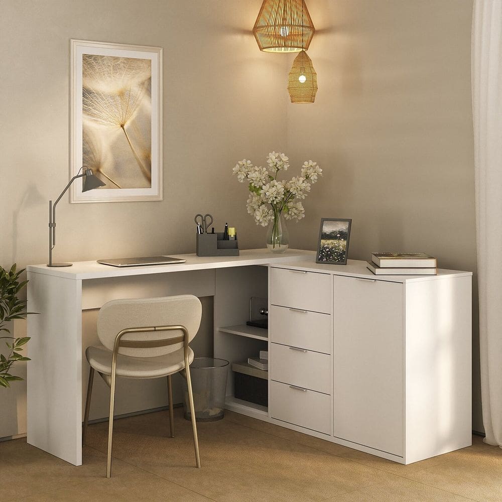 Escrivaninha Versátil em L ou Extensível 4 Gavetas 1 Porta 2 Nichos Branco