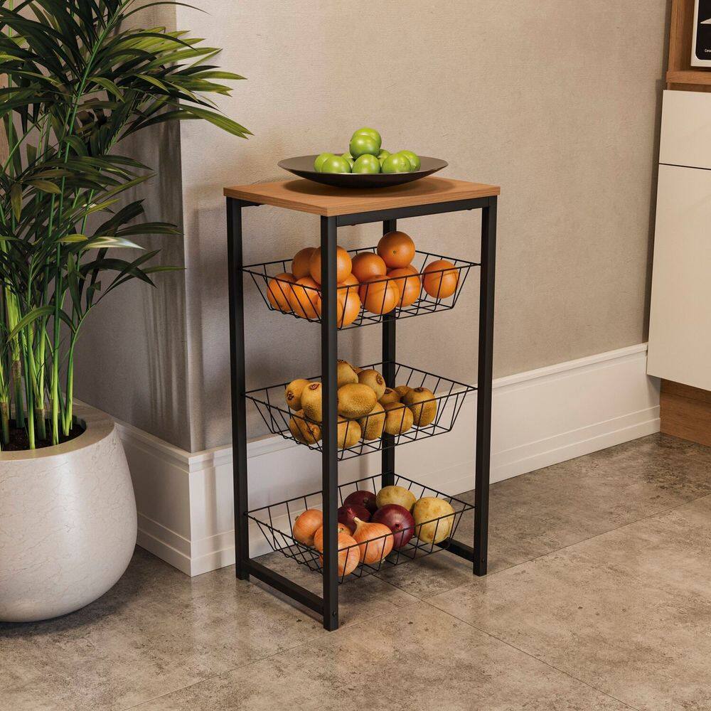 Fruteira para Cozinha com 3 Cestos 75x39cm Industrial Canela/Preto Fosco