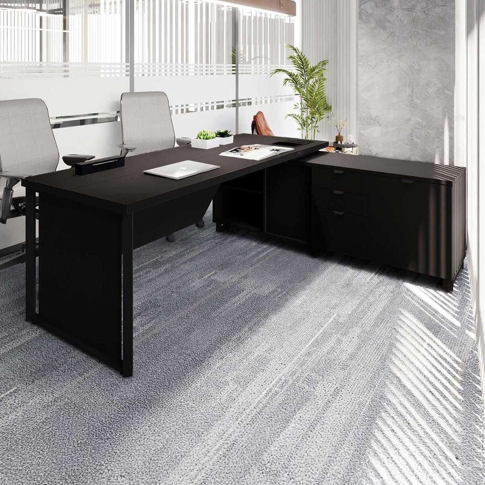 Mesa de Escritório Diretor em L 2,00 com Caixa de Tomadas e Armário Lateral Corporate Preto