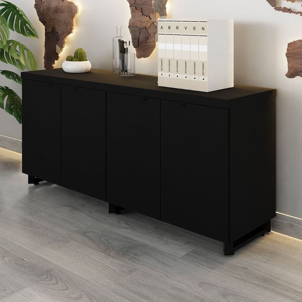 Armário Baixo para Escritório 158cm Duplo com 4 Portas Puxadores Metálicos Corporate Preto