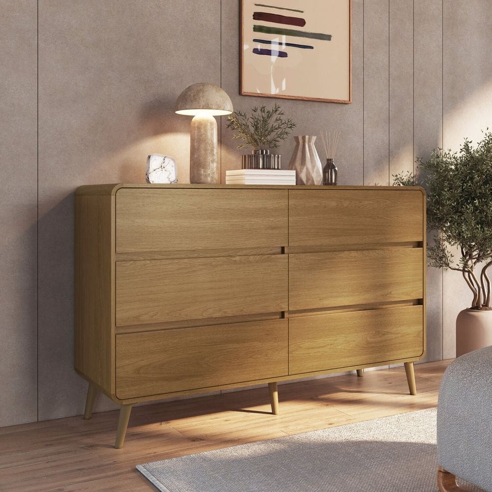 Cômoda para Quarto 6 Gavetas em Mdf e Mdp Curve Carvalho Xingu