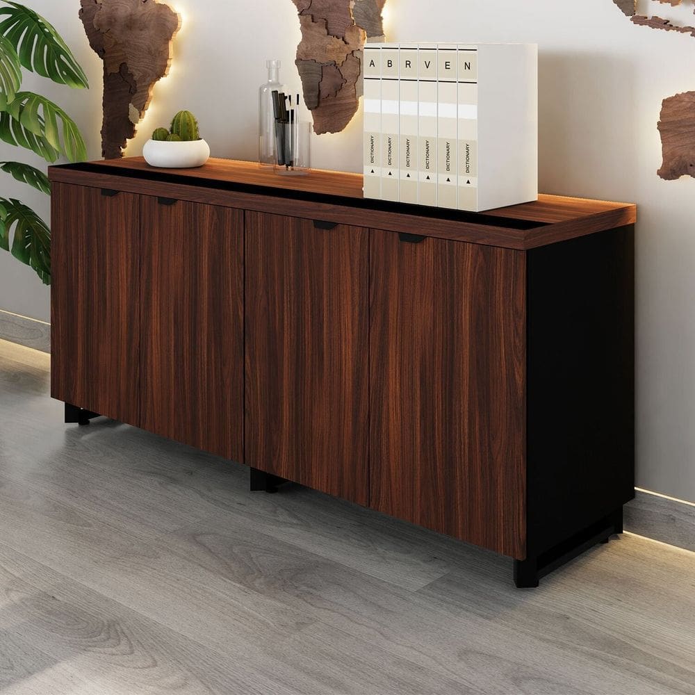 Armário Baixo para Escritório 158cm Duplo com 4 Portas Puxadores Metálicos Corporate Louro Preto / Preto