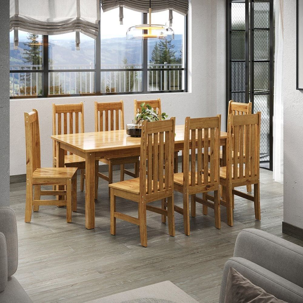 Conjunto Sala de Jantar Mesa Retangular 180cm e 8 Cadeiras em Madeira Maciça Essen Espresso Móveis Nogueira