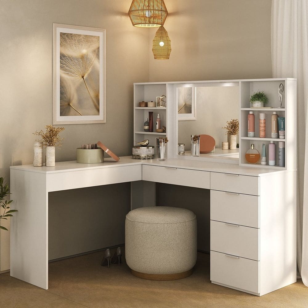 Penteadeira Escrivaninha em L com Espelho LED 5 Gavetas 6 Nichos Branco