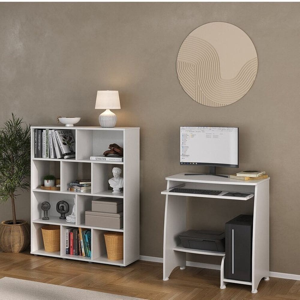 Conjunto escrivaninha Pixel e estante Book com diversos nichos Branco