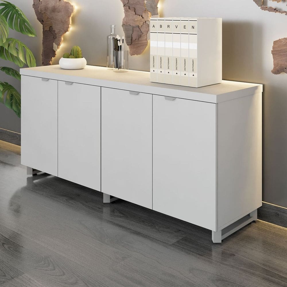 Armário Baixo para Escritório 158cm Duplo com 4 Portas Puxadores Metálicos Corporate Cinza