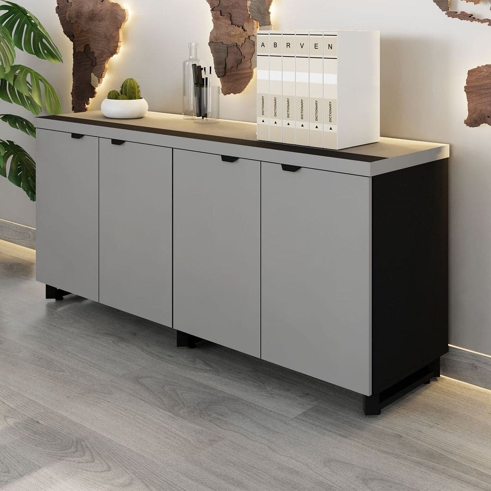 Armário Baixo para Escritório 158,5cm Duplo com 4 Portas Puxadores Metálicos Corporate Cinza Sagrado / Preto