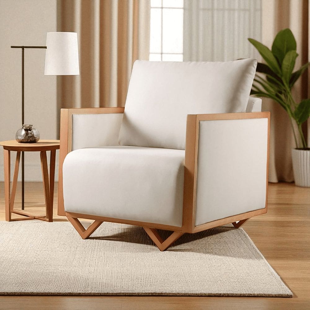 Poltrona para Sala de Estar Madeira Maciça Lara Luxo Bege Claro