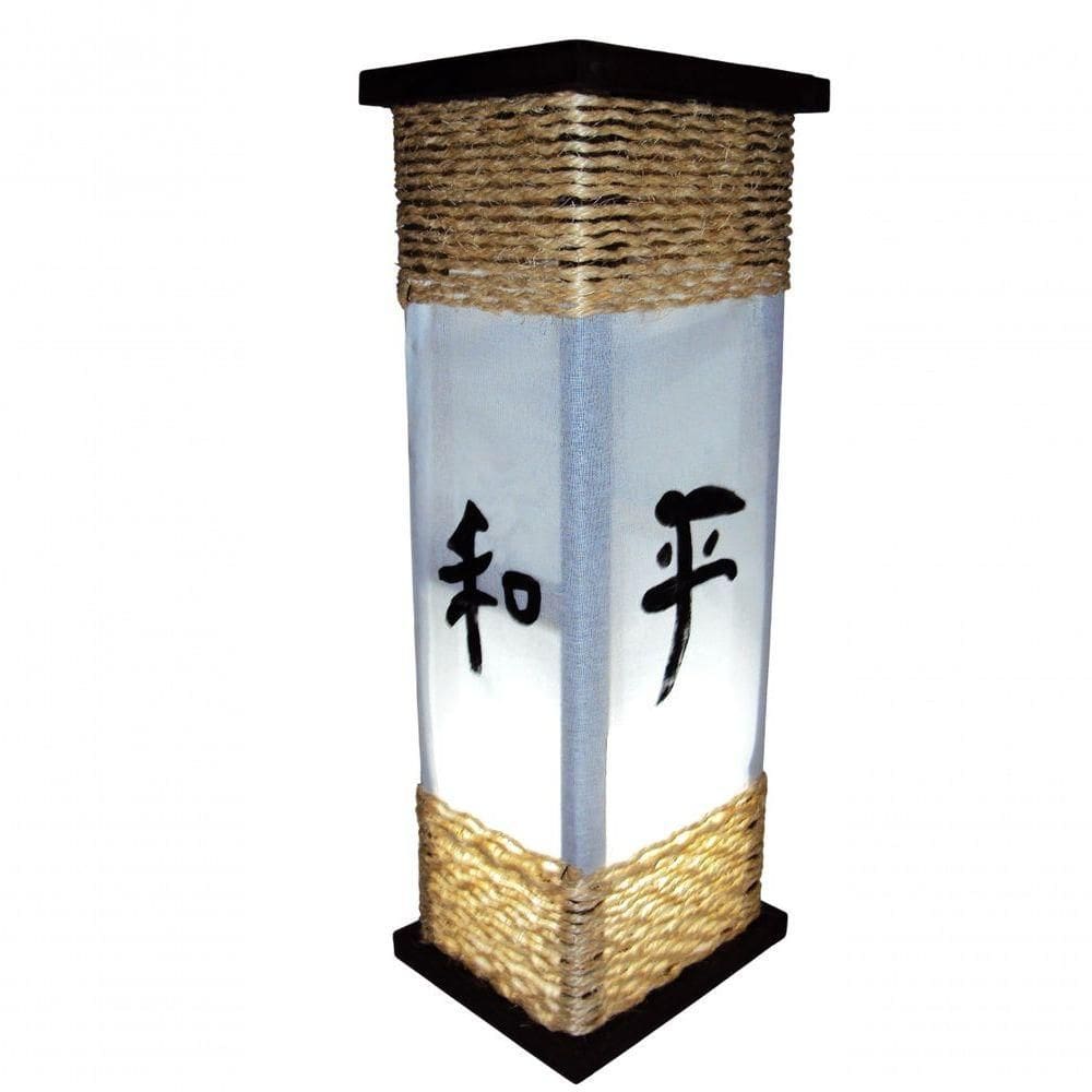 Abajur De Chão E Mesa Luminária De Corda Ideograma Japonês Rustico 55cm Altura Sala Quarto Madeira