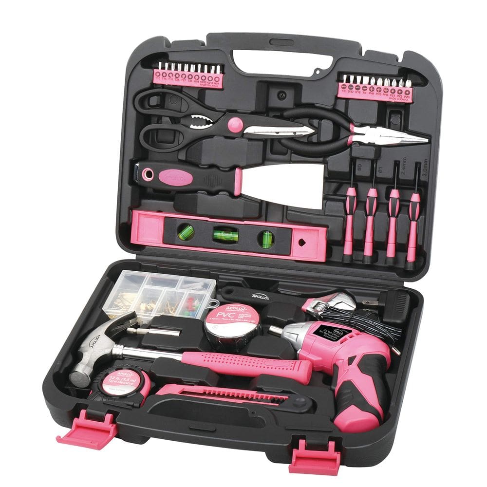 Kit de ferramentas Apollo DT0773N1 135 peças com chave de fenda de 3,6 V rosa