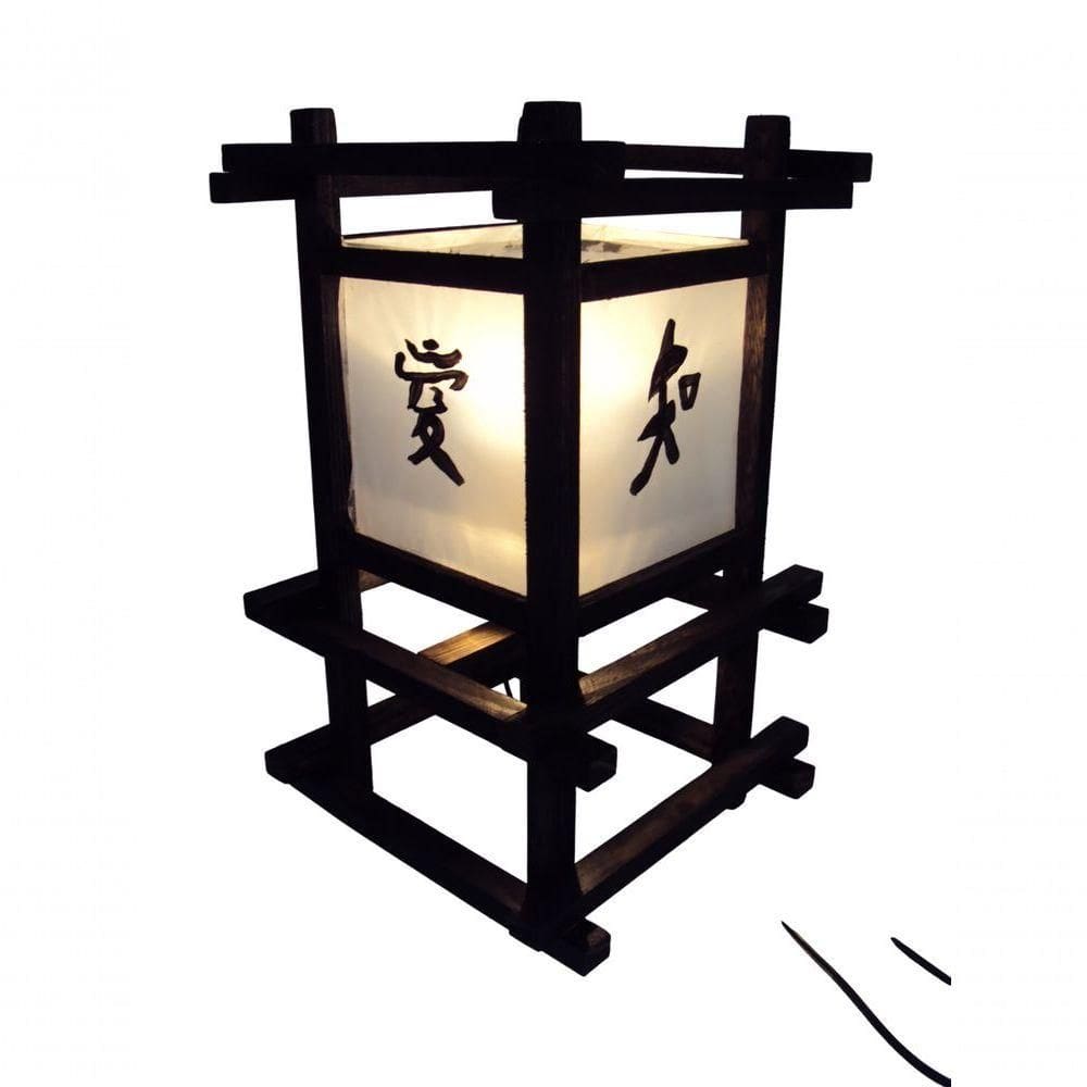 Abajur De Chão Piso E Mesa Luminária Rustico Oriental Ideograma Sala Quarto Madeira