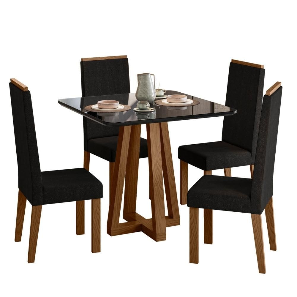 Sala de Jantar Mesa com Cadeiras Lívia – Madeira/MDF, Vidro e Tecido Linho – Sonetto