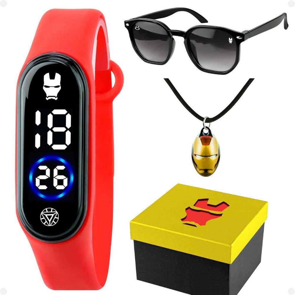 Relogio Infantil Digital Iron Man + Caixa + Oculos + Colar