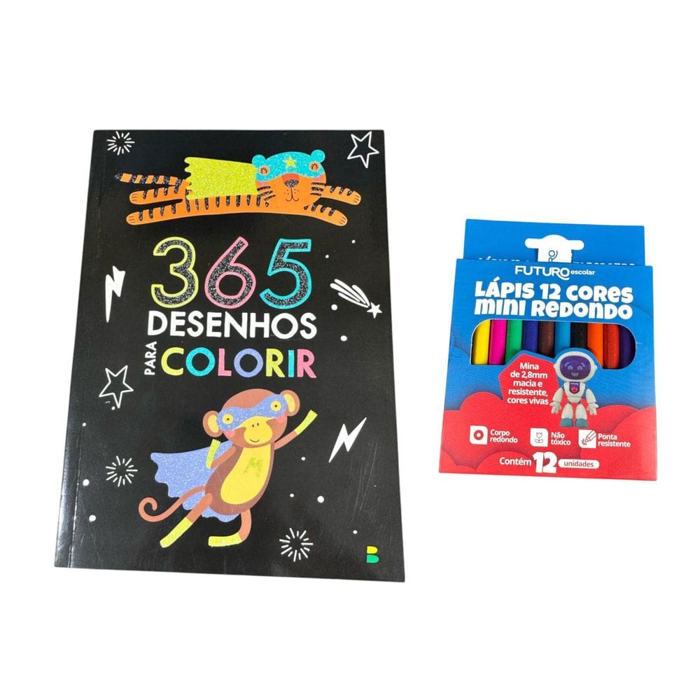 Livro 365 Desenhos Infantil Para Colorir + 12 Lápis De Cor