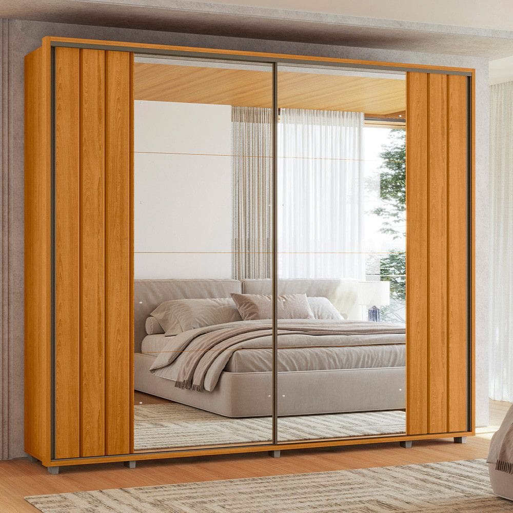 Guarda Roupa Casal Ripado em MDF 2 Portas de Correr com Espelhos e Pés Dali Madetec