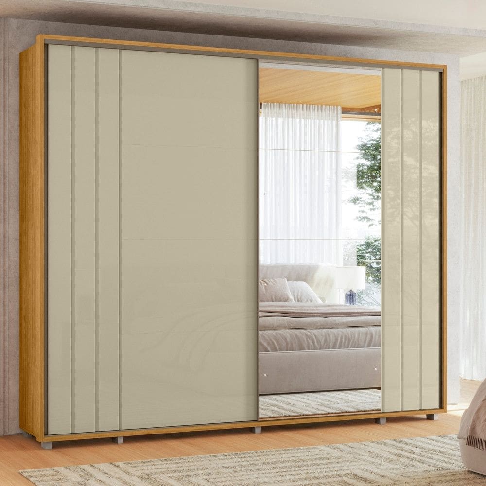 Guarda Roupa Casal Ripado em MDF com Espelhos 2 Portas de Correr e Pés Dali Madetec