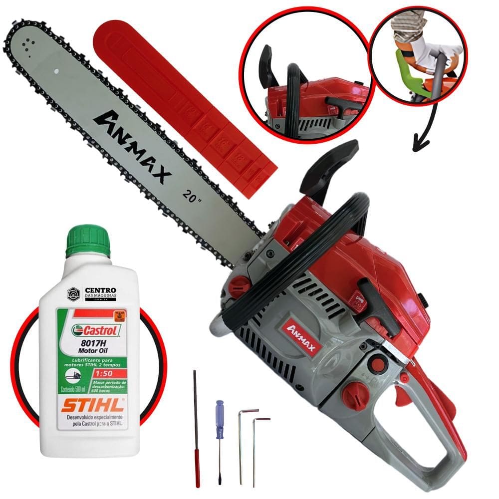 Motosserra Profissional Anmax CS5800A À Gasolina 2T 58cc 3HP Com Sabre 20’` Ponta Rolante Corrente 36 Dentes Para Todos os Trabalhos + ÓLEO STIHL 2T