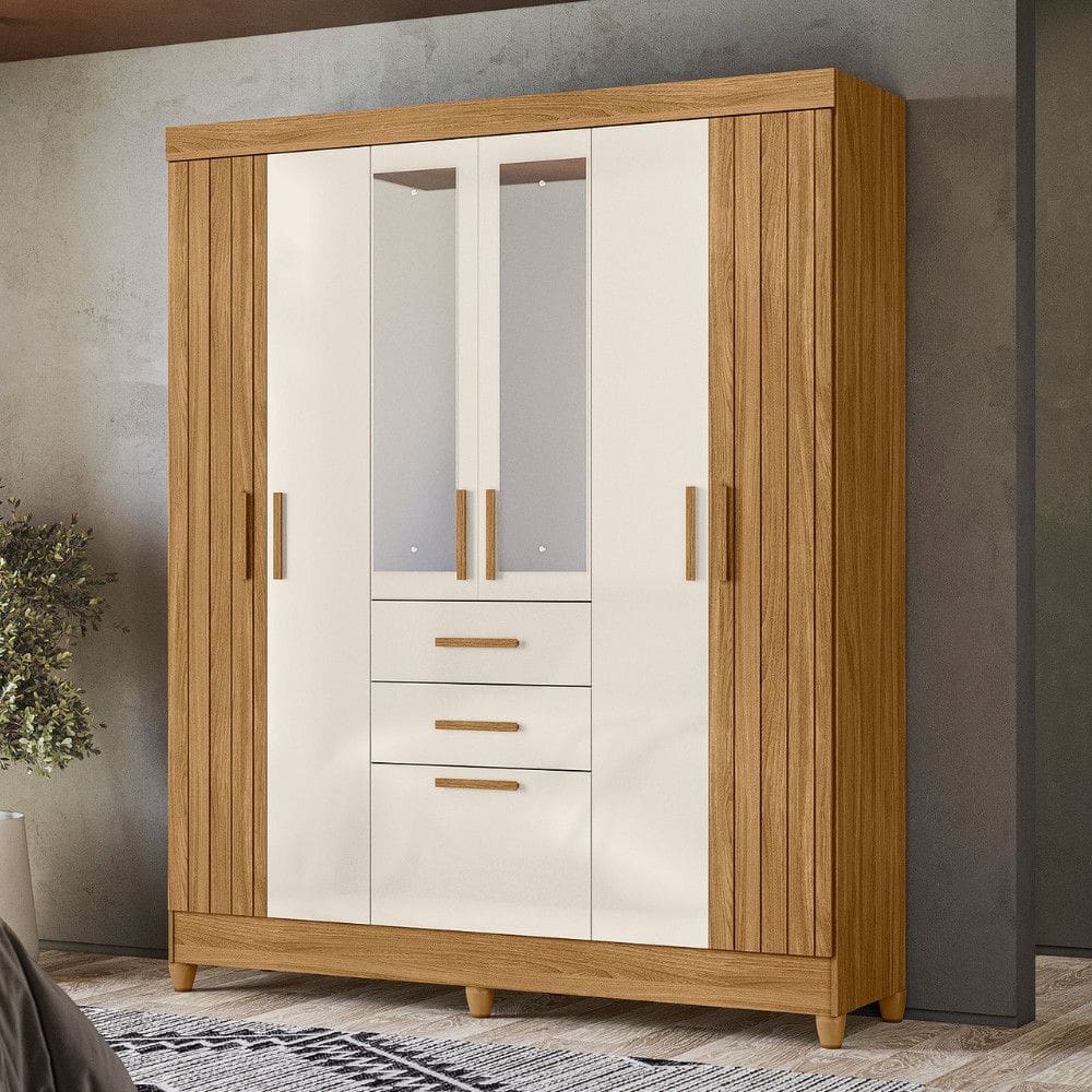 Guarda Roupa Solteiro Frisado com Espelho 7 Portas 2 Gavetas e Pés Malta Moval