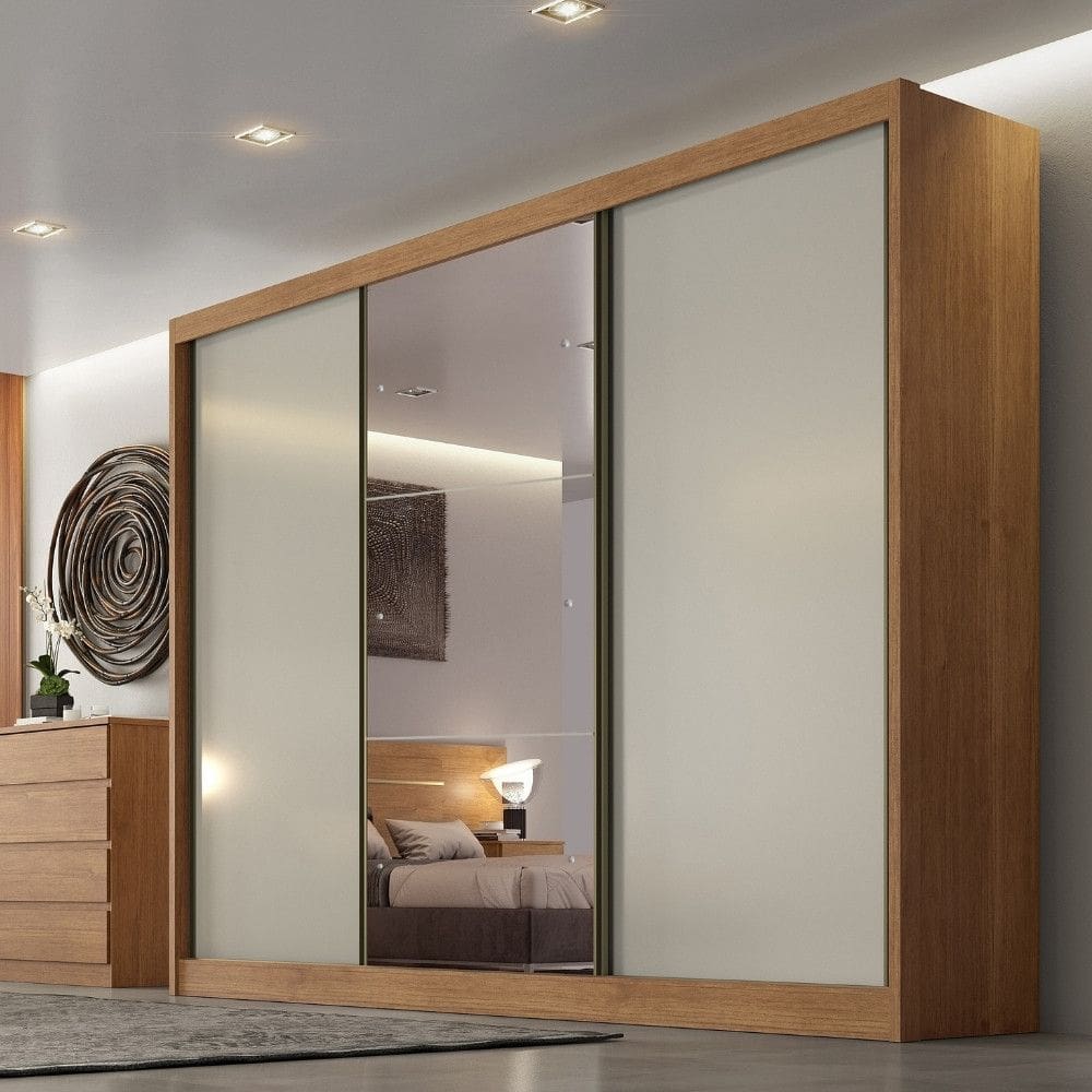 Guarda Roupa Casal em MDF com Espelho 3 Portas de Correr Sonetto Novo Horizonte