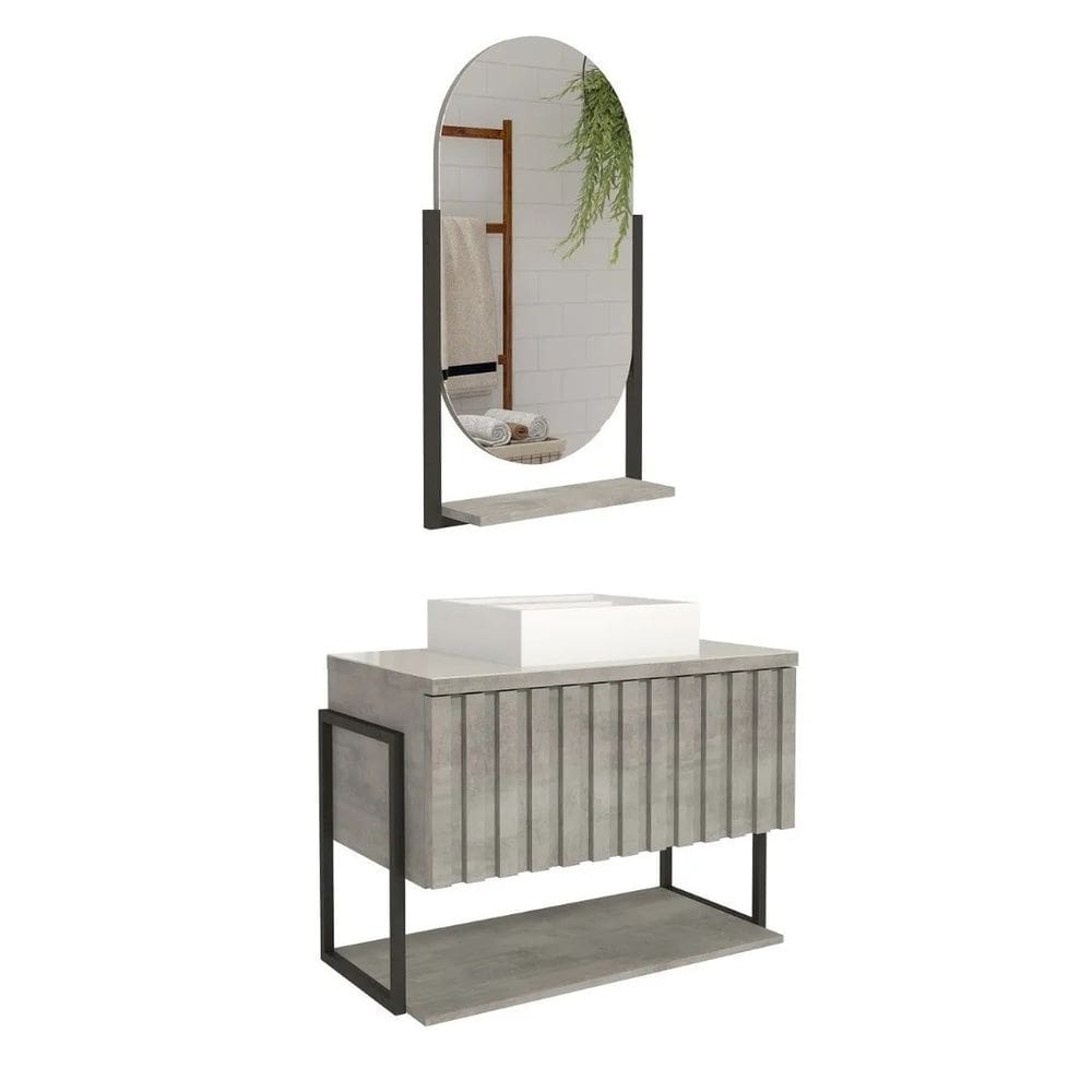 Armário Banheiro Mdf E Aço C/ Cuba Espelheira 1 Porta Cinza