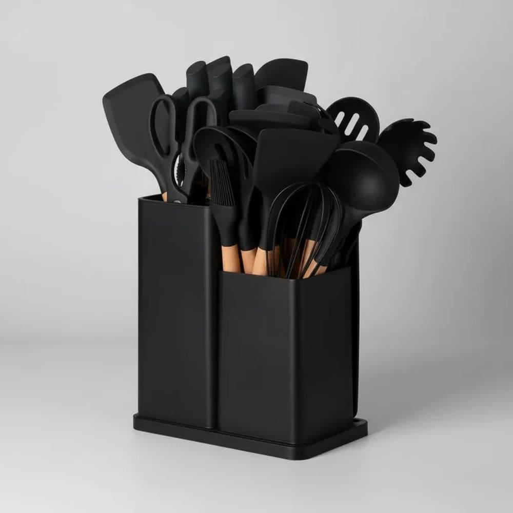 Kit Utensílios de Cozinha Silicone 19 Peças  Antiaderente  Cabo Bambu  Facas Inox  Funcional e Moderno