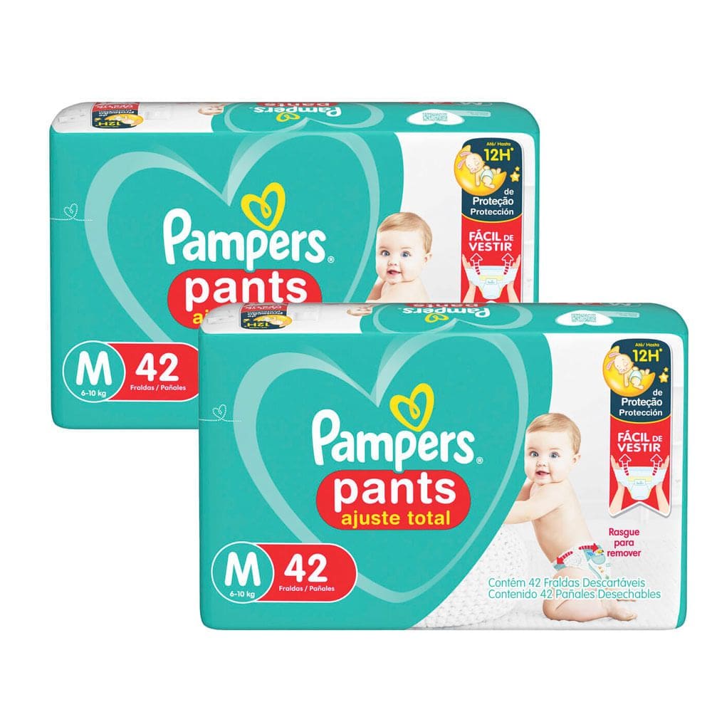 Kit 2 Fralda Pampers Pants Ajuste Total Tamanho M com 42 Unidades Descartáveis