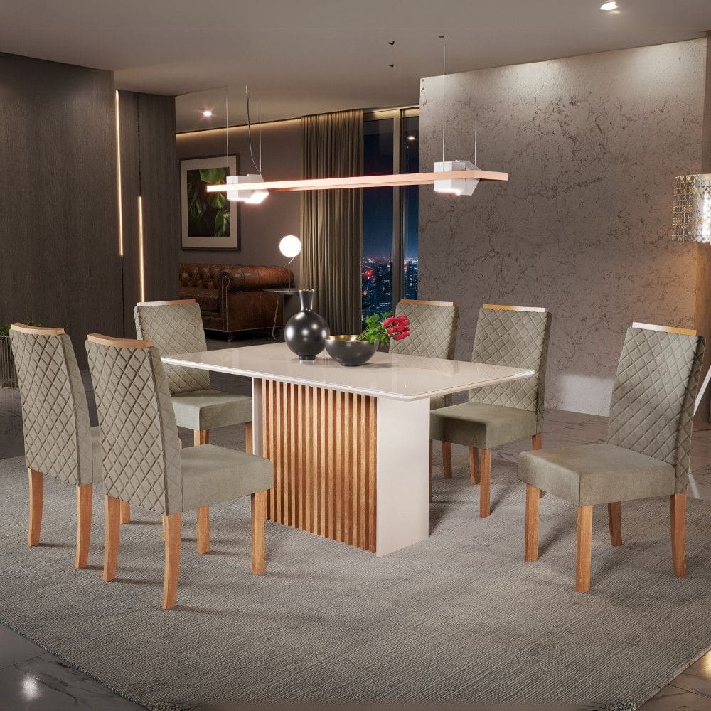 Conjunto Sala de Jantar Mesa Cris Piccola 136cm e 6 Cadeiras Veludo Elegance Nuova Sonetto