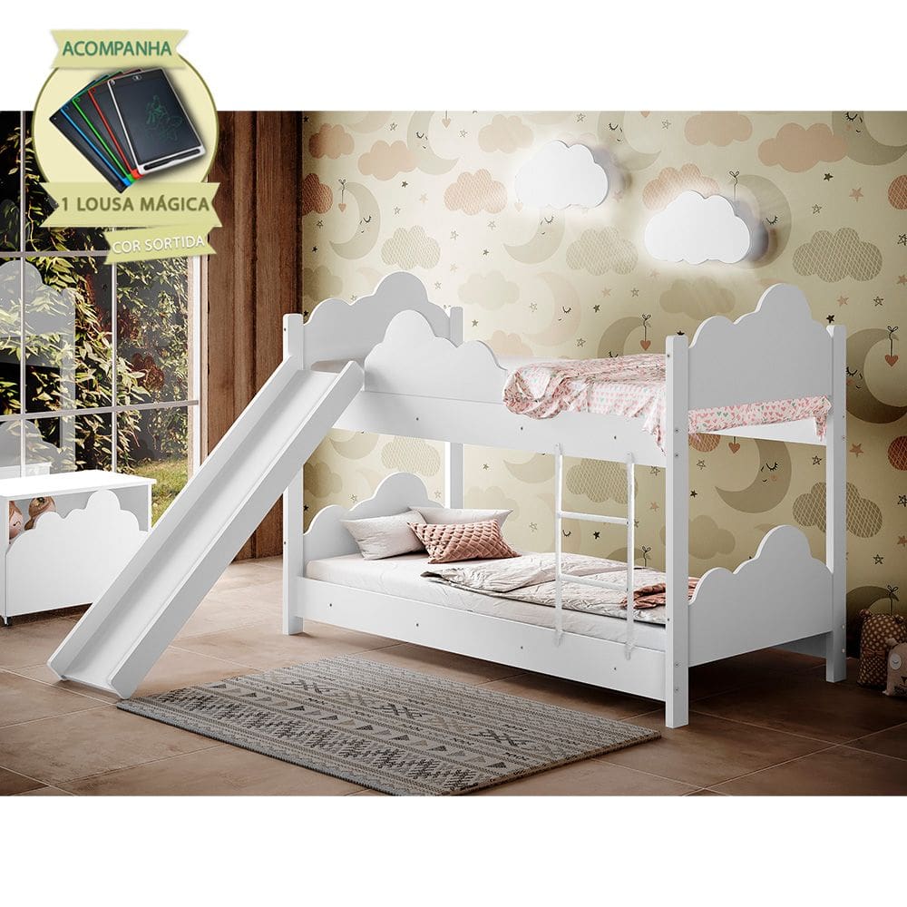 Beliche Infantil com Escorregador Juvenil Marina - Branca Incluso Lousa Mágica