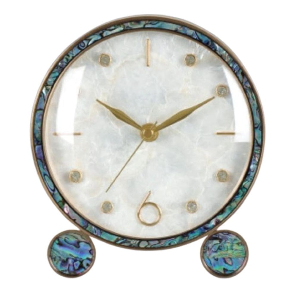 Relógio De Mesa Redondo Retro Madrepérola Abalone E Metálico