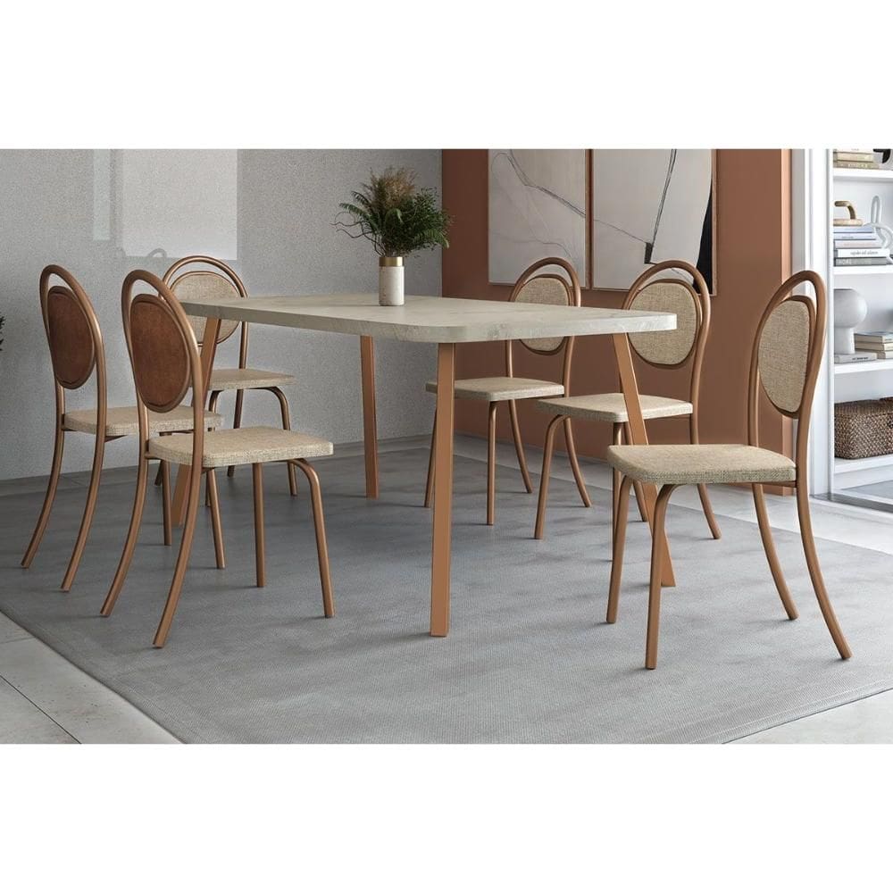 Sala de Jantar Completa Stellar 1597 Aço c/ Tampo Madeirado 160x90cm e 6 Cadeiras 1738 Rose/Petra - Rose/Areia - Caramelo - Carraro