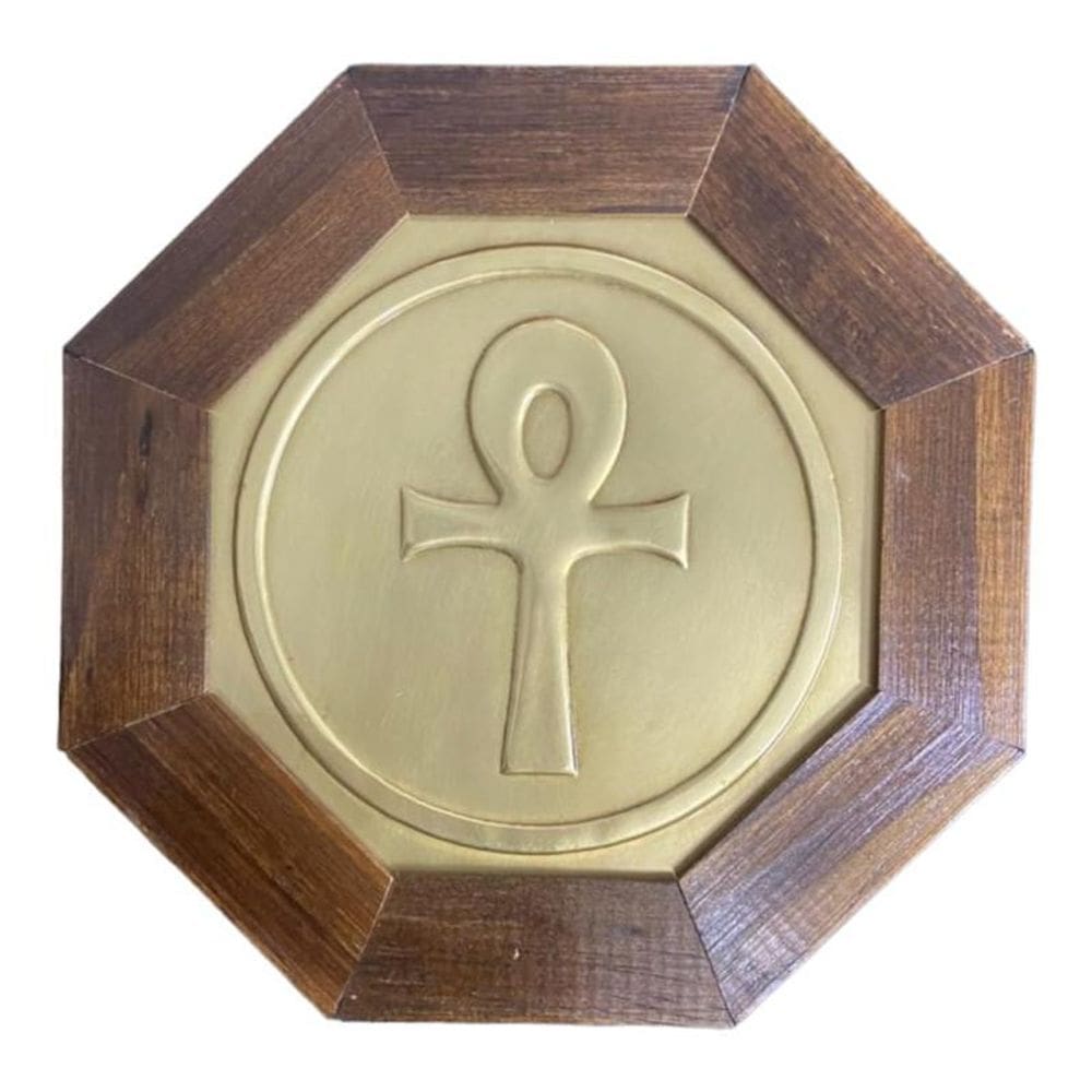 Quadro Cruz Ansata Madeira Imbuia Oitavado E Metal 18 Cm