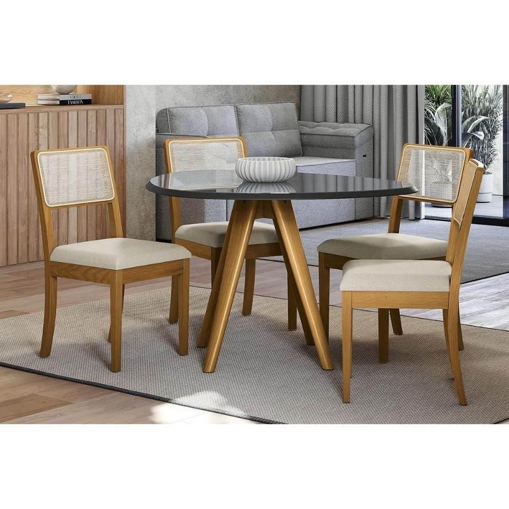 Conjunto Sala de Jantar Duna Premium Madeira Maciça c/ Tampo Madeirado c/ Vidro 135x105cm e 4 Cadeiras Lola Carvalho/Preto - Linho Bege Argila-Kappesb