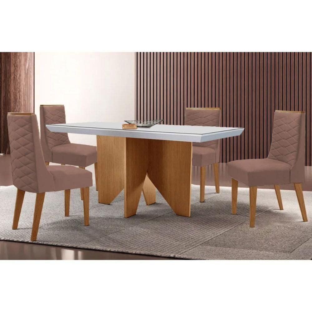 Conjunto Sala de Jantar Nevada c/ Tampo Madeirado c/ Vidro Canto Curvo 120x80cm e 4 Cadeiras Dafne Madeira Maciça Naturale/Off White - Capuccino/Suede