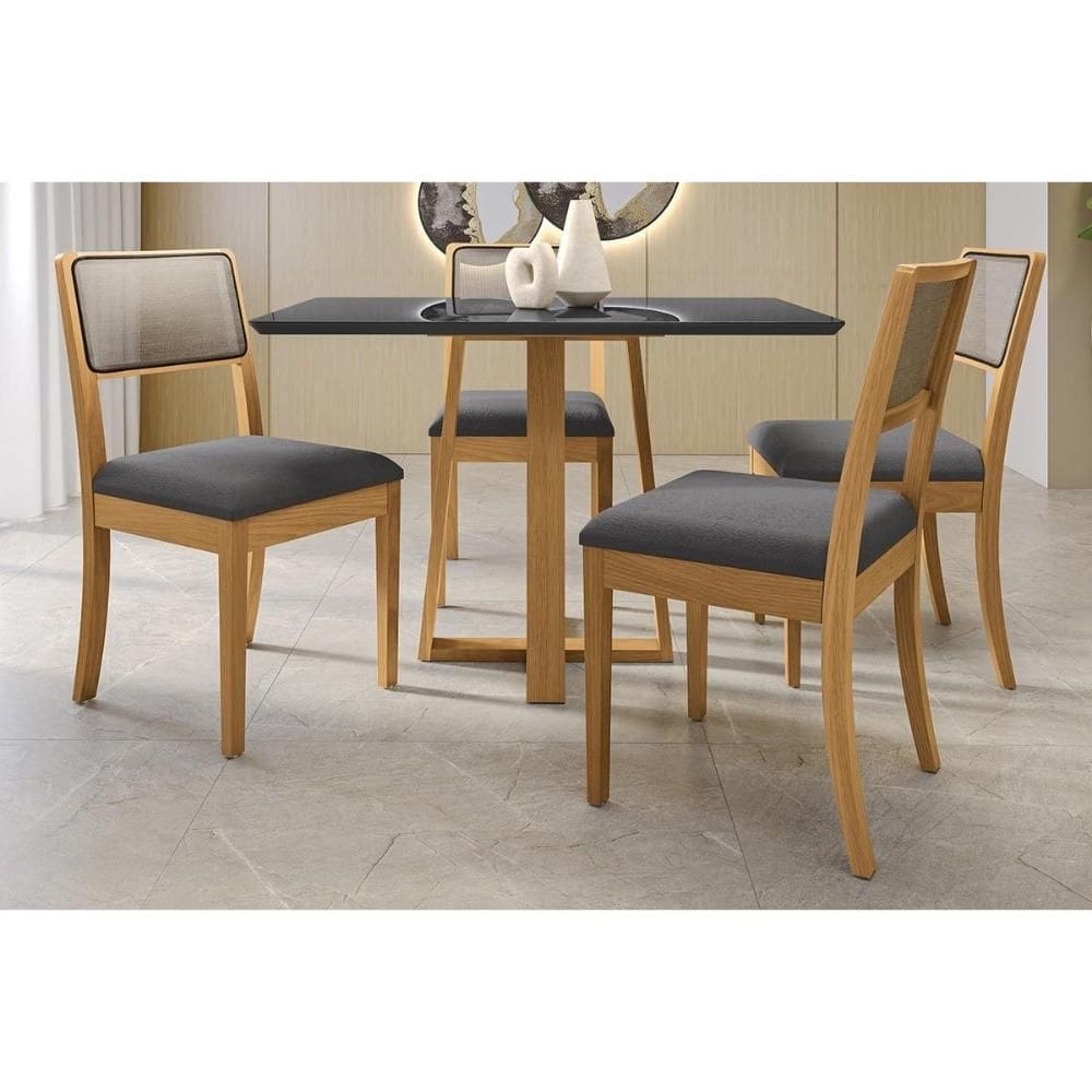 Sala de Jantar Completa Elma Premium Madeira Maciça c/ Tampo Madeirado c/ Vidro 120x80cm e 4 Cadeiras Lola Carvalho/Preto - Boucle Grafite - Kappesber