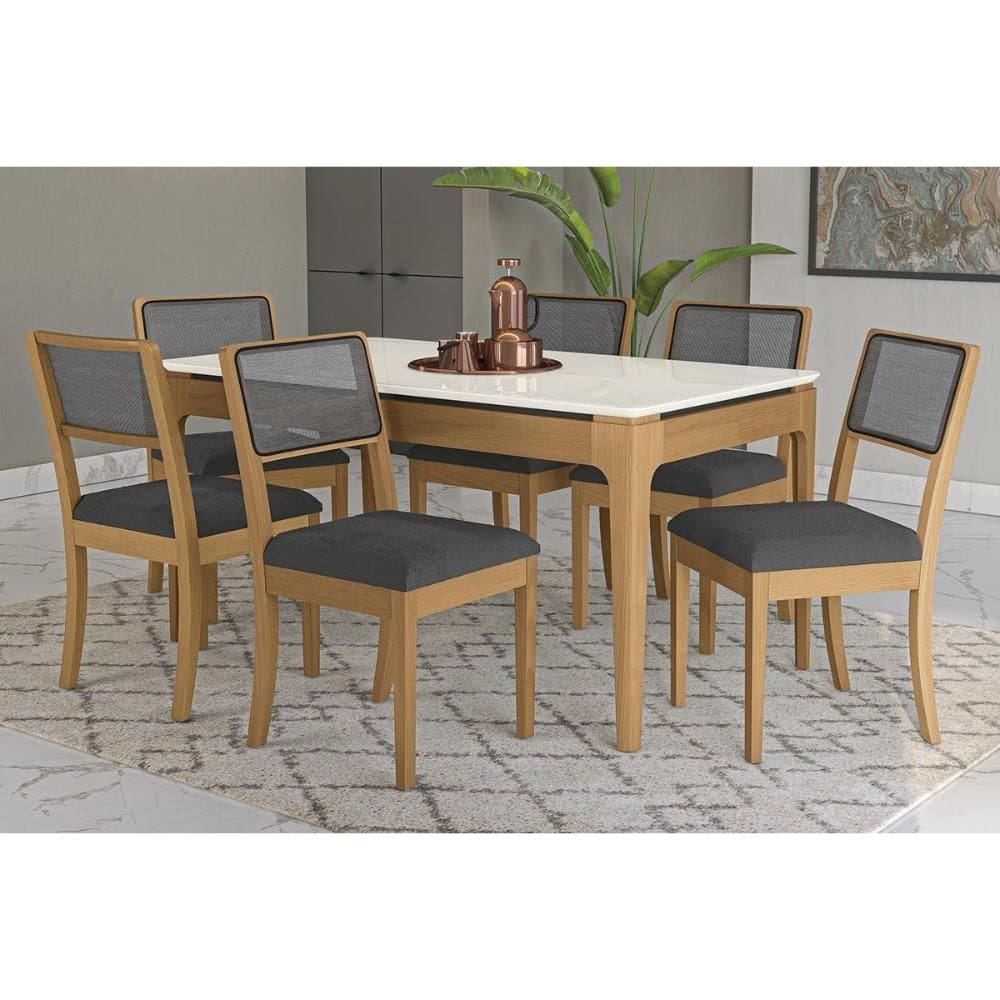 Conjunto Sala de Jantar Mira Premium Madeira Maciça c/ Tampo Madeirado c/ Vidro 160x90cm e 6 Cadeiras Lola Carvalho/Off White - Boucle Grafite-Kappesb