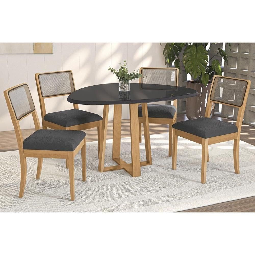 Conjunto Sala de Jantar Elma Premium Madeira Maciça c/ Tampo Madeirado c/ Vidro 135x105cm e 4 Cadeiras Lola Carvalho/Preto - Boucle Grafite-Kappesberg