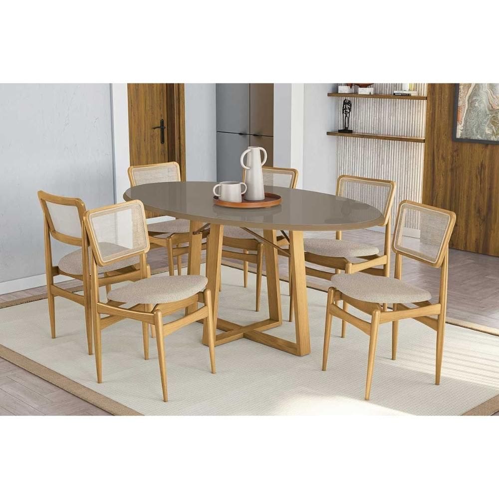 Conjunto Sala de Jantar Elma Premium Madeira Maciça c/ Tampo Madeirado c/ Vidro 180x105cm e 6 Cadeiras Stela Carvalho/Freijo Bronze - Linho Bege Argil