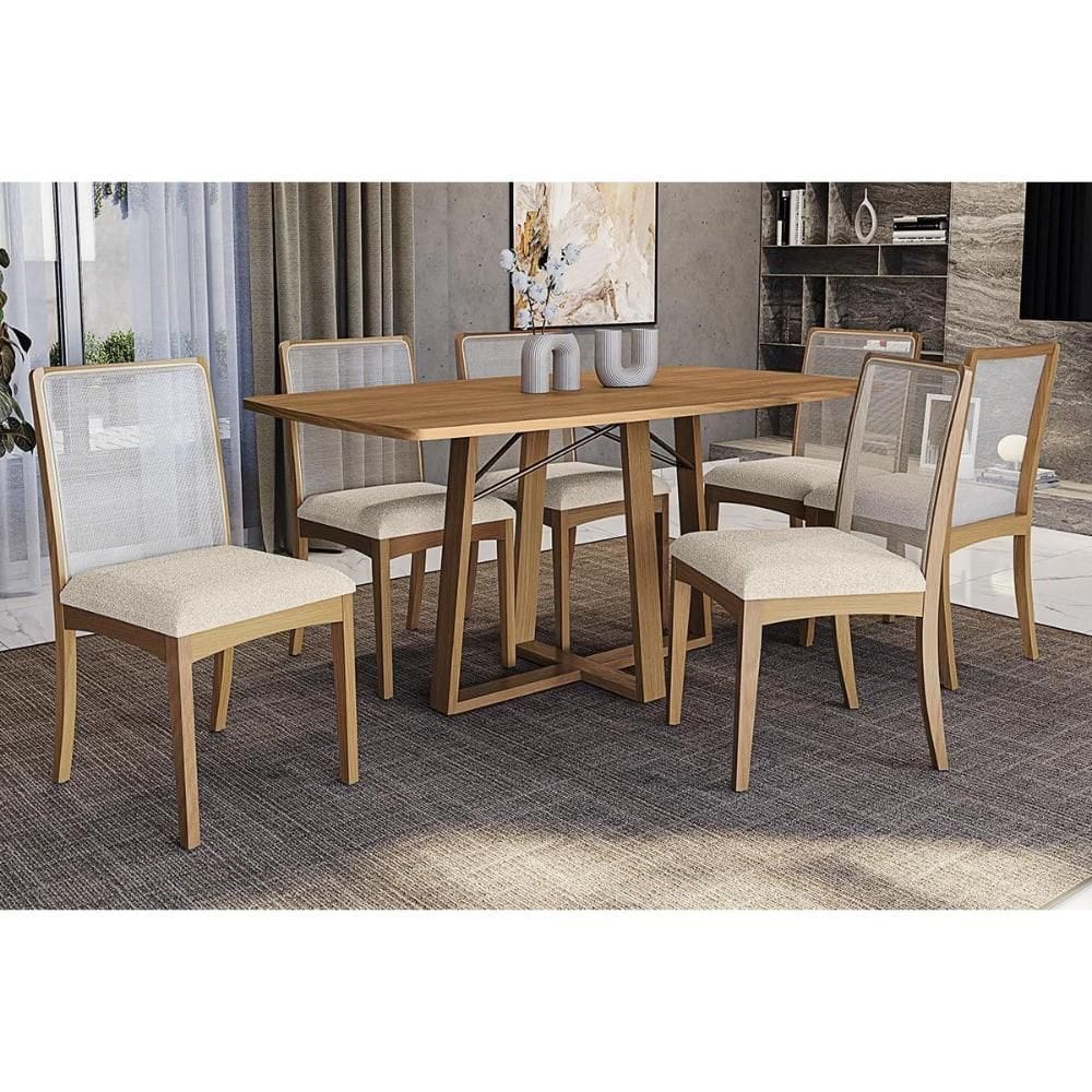 Sala de Jantar Completa Elma Premium Madeira Maciça c/ Tampo Madeirado 170x90cm e 6 Cadeiras Lara Carvalho/Canela - Linho Bege Argila - Kappesberg
