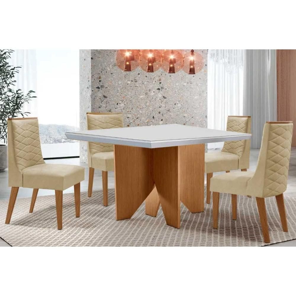 Conjunto Sala de Jantar Nevada c/ Tampo Madeirado c/ Vidro Canto Curvo 90x90cm e 4 Cadeiras Dafne Madeira Maciça Naturale/Off White - Capuccino/Linho