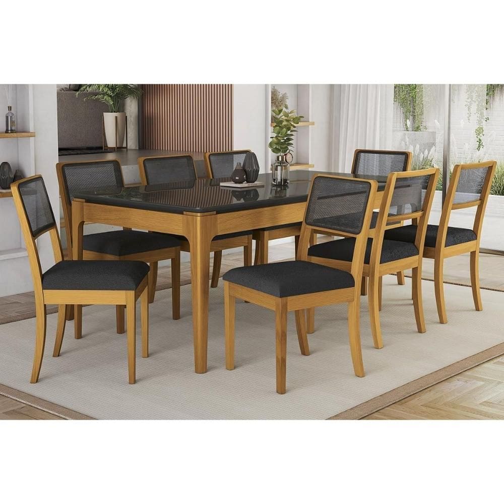 Conjunto Sala de Jantar Mira Premium Madeira Maciça c/ Tampo Madeirado c/ Vidro 200x100cm e 8 Cadeiras Lola Carvalho/Preto - Boucle Grafite-Kappesberg