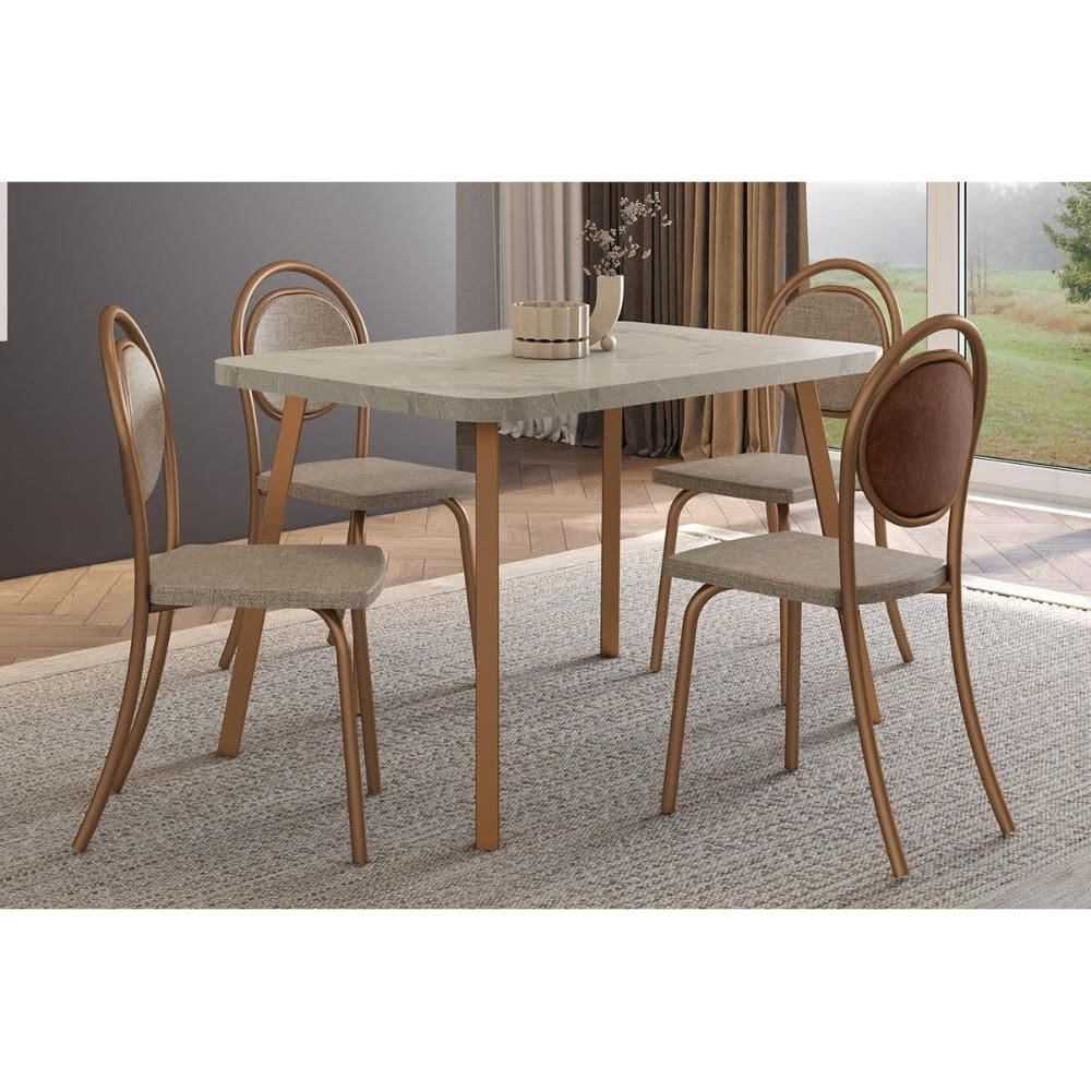 Sala de Jantar Completa Stellar 1598 Aço c/ Tampo Madeirado 120x80cm e 4 Cadeiras 1738 Rose/Petra - Rose/Areia - Caramelo - Carraro