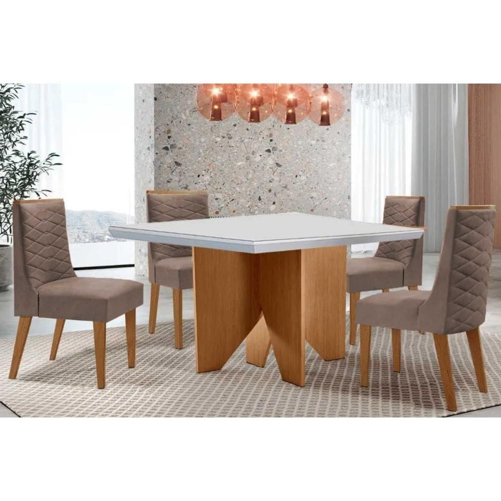 Conjunto Sala de Jantar Nevada c/ Tampo Madeirado c/ Vidro Canto Curvo 90x90cm e 4 Cadeiras Dafne Madeira Maciça Naturale/Off White - Capuccino/Corano