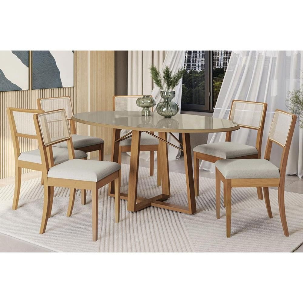 Conjunto Sala de Jantar Elma Premium Madeira Maciça c/ Tampo Madeirado c/ Vidro 180x105cm e 6 Cadeiras Lola Carvalho/Freijo Bronze - Linho Bege Argila