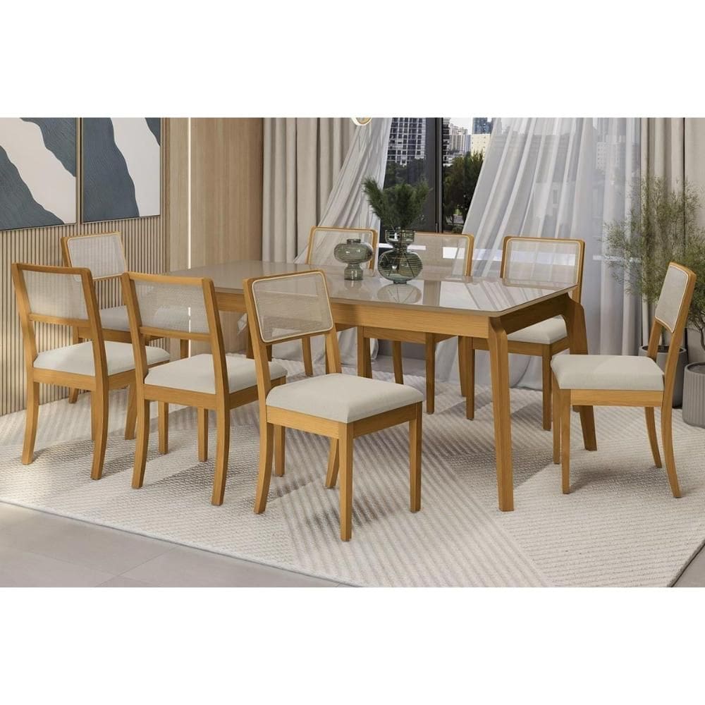 Conjunto Sala de Jantar Petra Premium Madeira Maciça c/ Tampo Madeirado c/ Vidro 200x100cm e 8 Cadeiras Lola Carvalho/Freijo Bronze - Linho Bege Argil