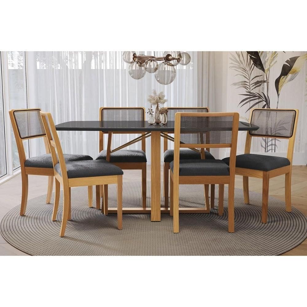 Sala de Jantar Completa Elma Premium Madeira Maciça c/ Tampo Madeirado c/ Vidro 170x90cm e 6 Cadeiras Lola Carvalho/Preto - Boucle Grafite - Kappesber
