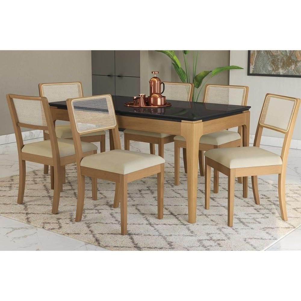 Conjunto Sala de Jantar Mira Premium Madeira Maciça c/ Tampo Madeirado c/ Vidro 160x90cm e 6 Cadeiras Lola Carvalho/Preto - Linho Bege Argila-Kappesbe